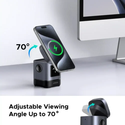 UGREEN 2-in-1 magnetic charging station with phone attached