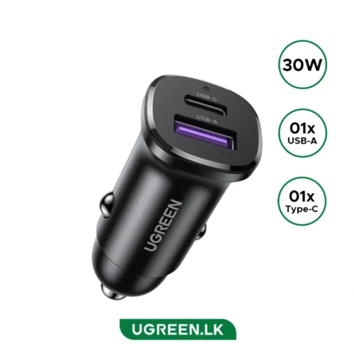 UGREEN EC305 30W 2-port USB-C and USB-A fast car charger in black
