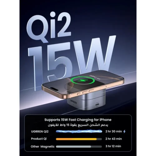 UGREEN MagFlow 2-in-1 wireless charger with iPhone attached
