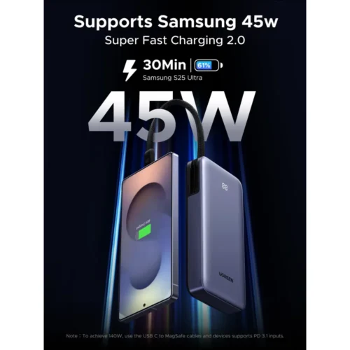 UGREEN 45W power bank fast charging a Samsung Galaxy phone