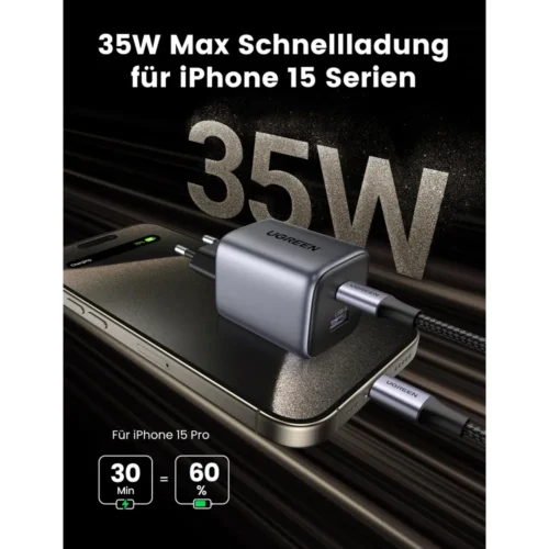 UGREEN 35W GaN charger fast charging an iPhone