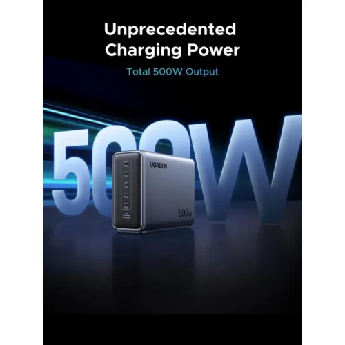 UGREEN Nexode 500W desktop charger showing its six charging ports