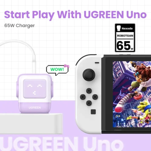 UGREEN Uno RG 65W purple charger fast charging a laptop