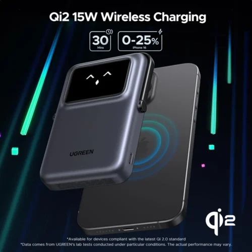 UGREEN Uno Qi2 power bank attached to an iPhone