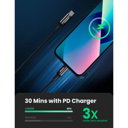 UGREEN USB-C to Lightning cable nickel-plated plugs close-up