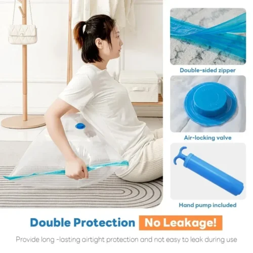 Vacuum storage bag with hand pump, zipper and valve