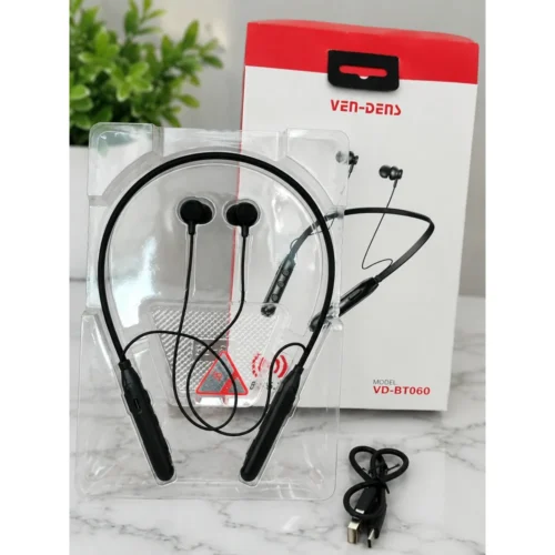 Ven-Dens VD-BT060 box contents with neckband and charging cable